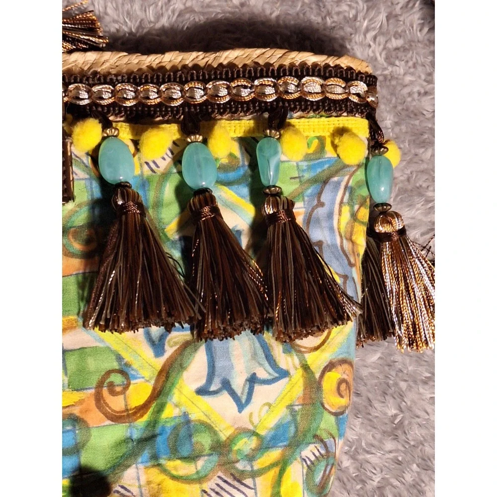 Sicilian Coffa Straw Tote Bag Sun Face Tassels PomPom Beach Vacation Handmade - Picture 4 of 11